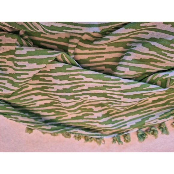 Roberta Roller Rabbit Pom Pom Trim Scarf Green and White 74 x 19 Cotton - Picture 6 of 9